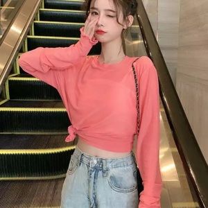 Mesh shirt top coral thumbhole sexy transparent long sleeve crewneck style shirt